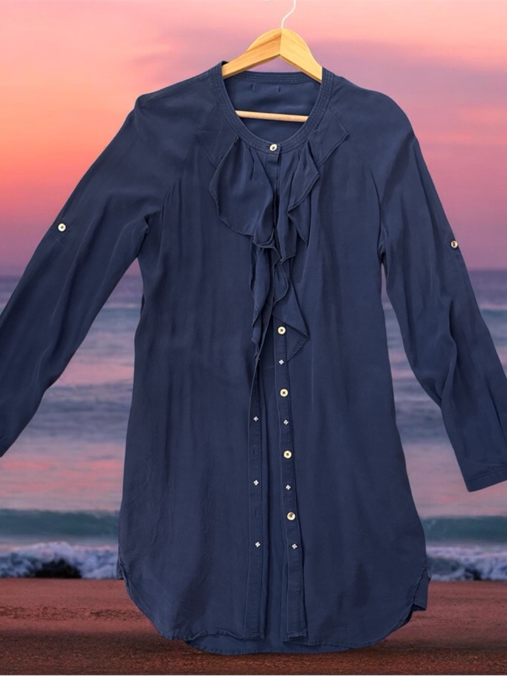⚡️100% Silk•NavyRuffle•Front Long Sleeve Shirt Dress